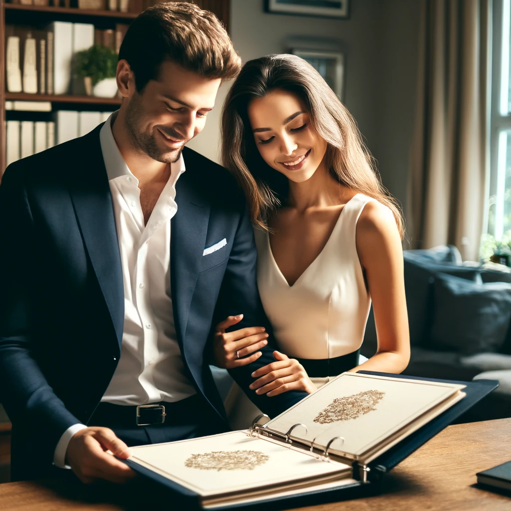 A-romantic-image-of-a-newlywed-couple-both-in-elegant-attire-looking-at-an-estate-planning-binder-together.-The-scene-is-set-in-a-cozy-well-lit-ho